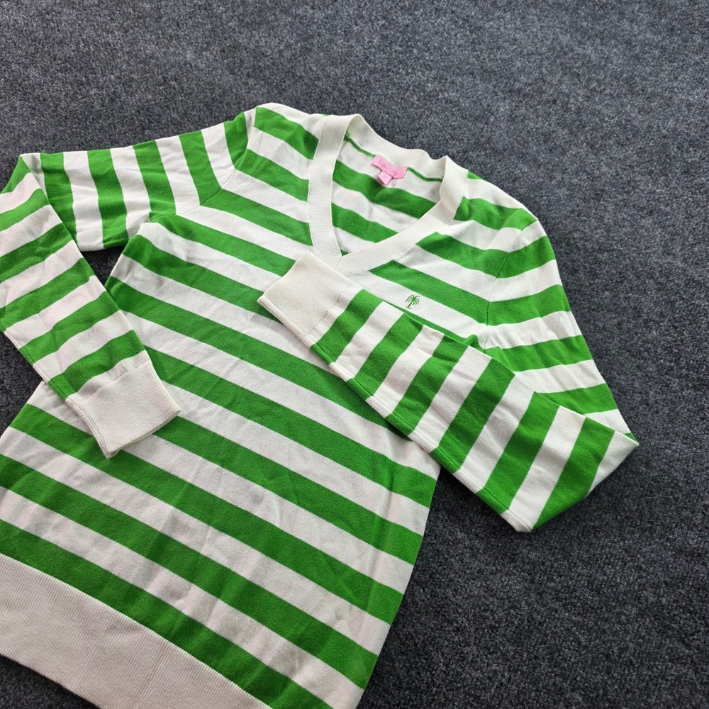 Lilly Pulitzer Sweater Womens Medium Green White Striped Palm Tree V-Neck Preppy
